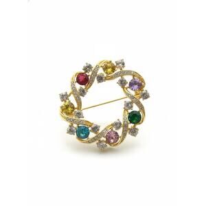 Elegant Gold Plated Wreath Style Brooch Pin for Women Multicolored Crystals